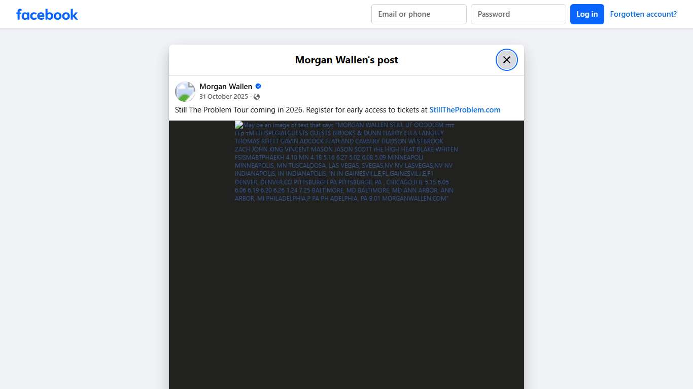 Morgan Wallen - Still The Problem Tour coming in 2026.... Facebook